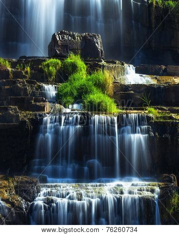 Tropical Rainforest Landscape With Flowing Pongour Waterfall In Vietnam. Four Images Panorama