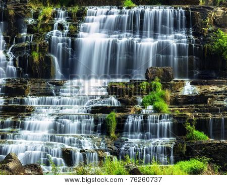 Tropical Rainforest Landscape With Flowing Pongour Waterfall In Vietnam. Four Images Panorama