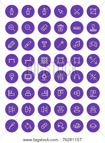 Thin Line Design Tools Icons Set For Web And Mobile Apps. White And Purple Colors Flat Design. Pen,