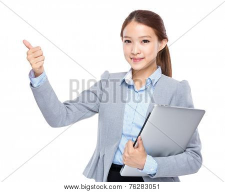 Businesswoman with laptop and prefect sign