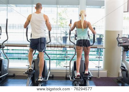 Rear view of a fit young couple working on x-trainers at the gym
