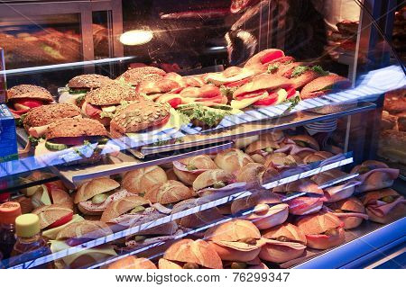 Collection Of Sandwiches In A Shop Window