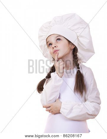 Cooking and people concept - smiling little girl in cook hat, isolated on white background