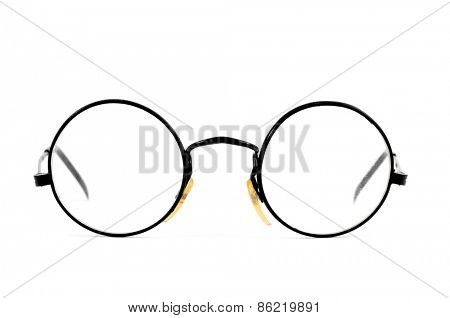 a pair of round-lens eyeglasses on a white background