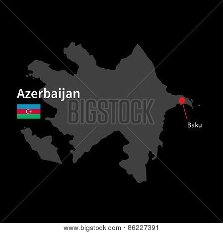 Detailed map of Azerbaijan and capital city Baku with flag on black background