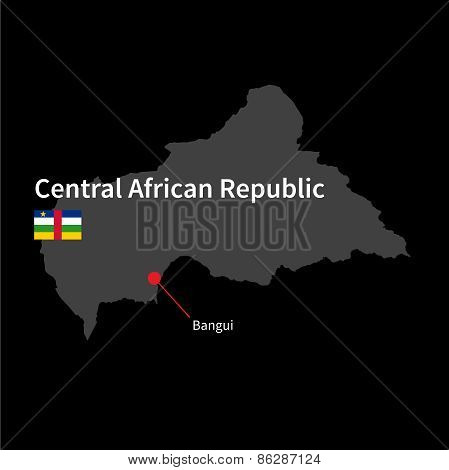 Detailed map of Central African Republic and capital city Bangui with flag on black background