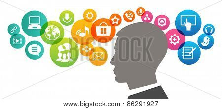 Infographics template with human head surrounded interface technology icons. Abstract colorful design for web and infographics. File is saved in AI10 EPS version.