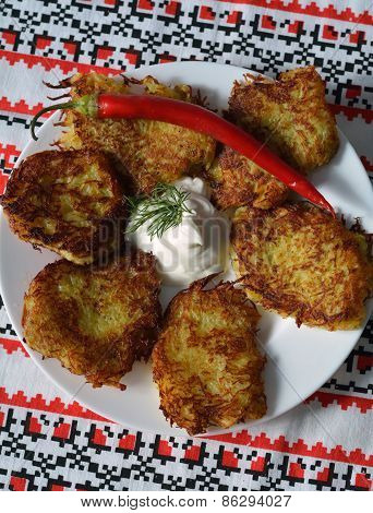 Deruni (potato Pancakes) On A Traditional Ukrainian Towel