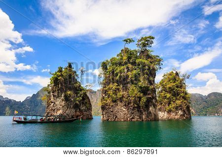 Three Rocks In Cheow Lan Lake, Khao Sok National Park, Thailand.