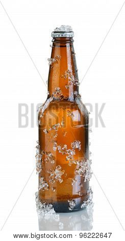 Beer Bottle With Ice And Condensation On White Background