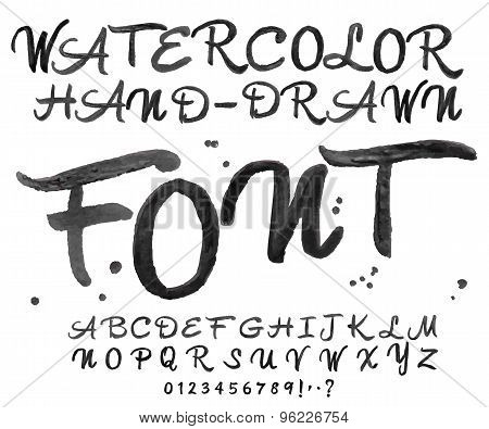 Vector Black Watercolor Font. Watercolour Handwritten Letters.