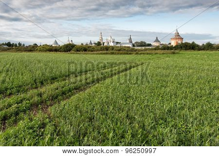 Old Monastery And Green Meadow In Summer