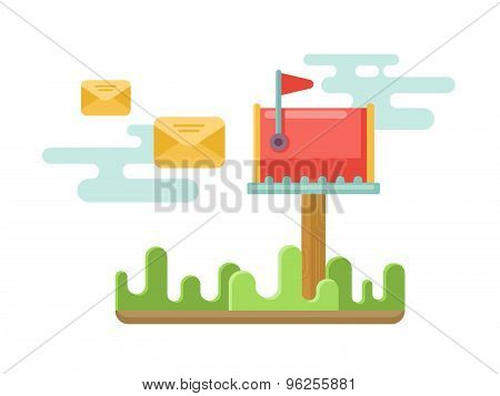 Mailbox at lawn with envelopes concept in flat style