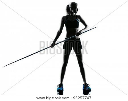 one  caucasian woman Javelin thrower in silhouette isolated white background