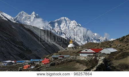 Beautiful Village Dingboche And High Mountain Thamserku