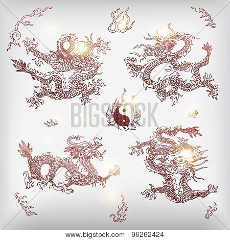 Vector background with asia dragons. Hand drawn illustration.