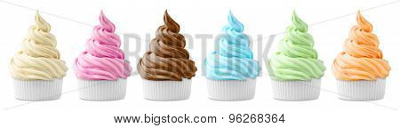 different sorts of ice cream or cup cakes on white background