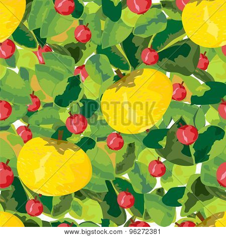 Fruits, Berries And Leaves Seamless Pattern
