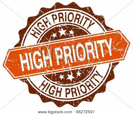 High Priority Orange Round Grunge Stamp On White
