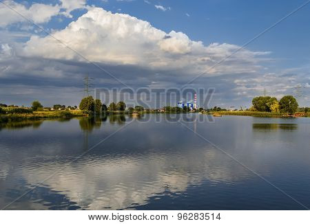 Power Plant In The Evening On The Odra River Near Opole