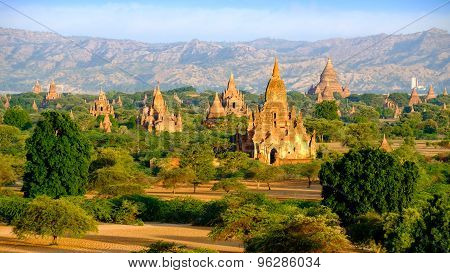 Sunrise Landscape View Of Beautiful Old Temples In Bagan, Myanmar