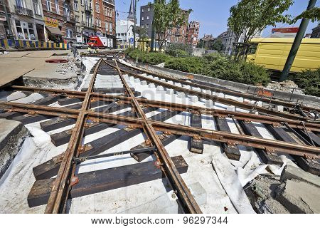 Some Workers Repair And Replace Some Rail Trams
