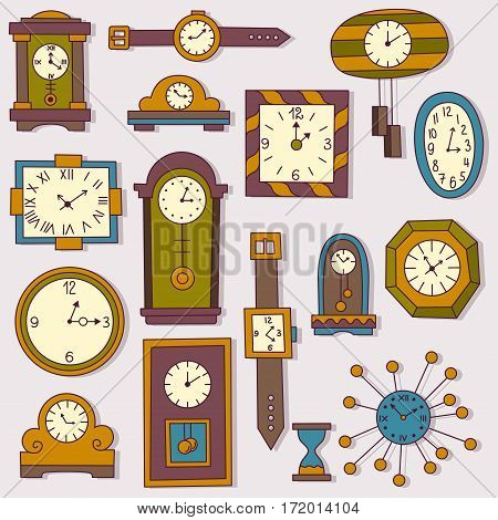 Cute watch wall clock doodlew drawings vector set