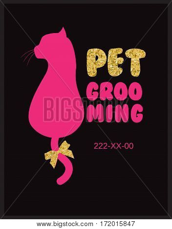 Pet beauty salon logo with vector cat silhouette.