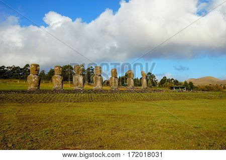 Long shot of the seven Moai at Ahu Akivi in Rapa Nui Easter Island in Chile South America