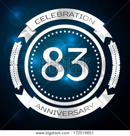 Eighty three years anniversary celebration with silver ring and ribbon on blue background. Vector illustration
