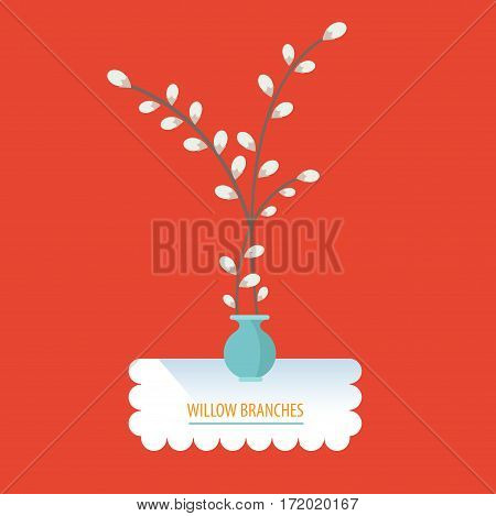 Easter willow branches in small bowl on white napkin.