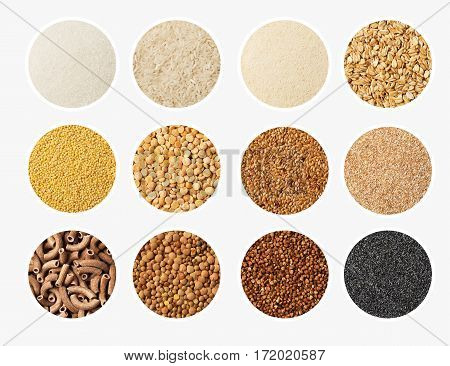 Set Of Grain And Cereal Food Selection In Porcelain Bowls: Wholegrain Pasta, Split, Peas, Buckwheat,