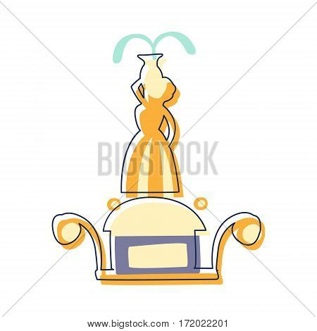 Park Fountain With Femalle Danaid Figure In Center, Cute Fairy Tale City Landscape Element Outlined Cartoon Illustration. Fantasy Town Cityscape Architectural Object In Childish Design.