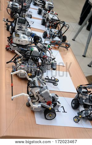 Tyumen Russia - February 16. 2017: Open championship of professional skill among youth. World skills Russia Tyumen - 2017. Robots made of Lego blocks