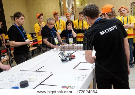 Tyumen Russia - February 16. 2017: Open championship of professional skill among youth. World skills Russia Tyumen - 2017. Competitions of robots among school students