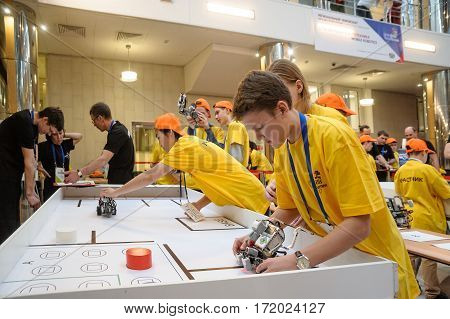 Tyumen Russia - February 16. 2017: Open championship of professional skill among youth. World skills Russia Tyumen - 2017. Competitions of robots among school students
