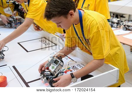 Tyumen Russia - February 16. 2017: Open championship of professional skill among youth. World skills Russia Tyumen - 2017. Competitions of robots among school students