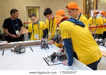 Tyumen Russia - February 16. 2017: Open championship of professional skill among youth. World skills Russia Tyumen - 2017. Competitions of robots among school students