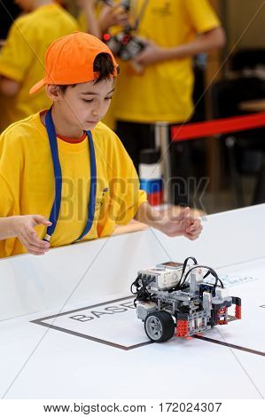 Tyumen Russia - February 16. 2017: Open championship of professional skill among youth. World skills Russia Tyumen - 2017. Competitions of robots among school students