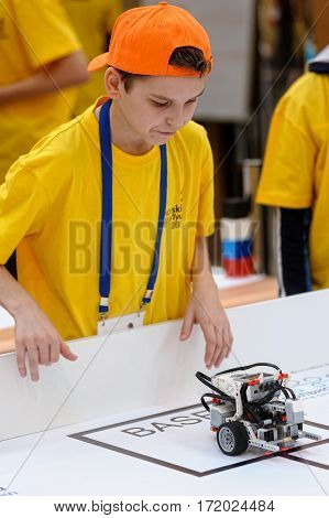 Tyumen Russia - February 16. 2017: Open championship of professional skill among youth World skills Russia Tyumen - 2017. Competitions of robots among school students