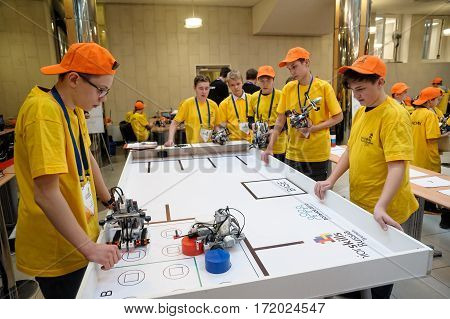 Tyumen Russia - February 16. 2017: Open championship of professional skill among youth World skills Russia Tyumen - 2017. Competitions of robots among school students