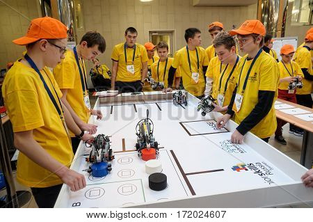 Tyumen Russia - February 16. 2017: Open championship of professional skill among youth World skills Russia Tyumen - 2017. Competitions of robots among school students