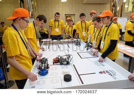 Tyumen Russia - February 16. 2017: Open championship of professional skill among youth World skills Russia Tyumen - 2017. Competitions of robots among school students
