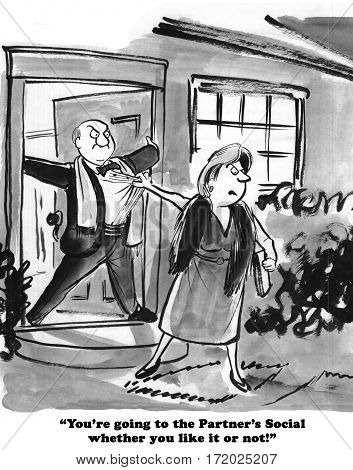 Legal cartoon about a lawyer who does not want to attend the partners' party.