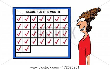 Business cartoon showing a stressed businesswoman as she looks at how many deadlines she has this month.