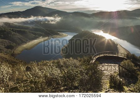 Alagon River Meander viewpoint at sunrise. This place is called The Melero and is not far from Riomalo de Abajo Hurdes Spain