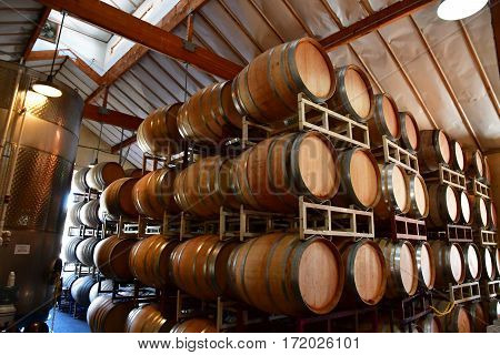 San Luis Obispo USA - july 15 2016 : barrel in the cellar of the Claiborne and Churchhill winery