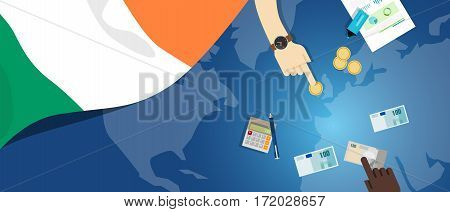 Ireland economy fiscal money trade concept illustration of financial banking budget with flag map and currency vector