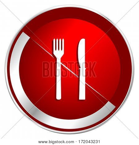 Eat red web icon. Metal shine silver chrome border round button isolated on white background. Circle modern design abstract sign for smartphone applications.