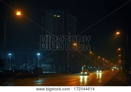 Cacak town in Serbia winter season small Balkan city outdoors during night.